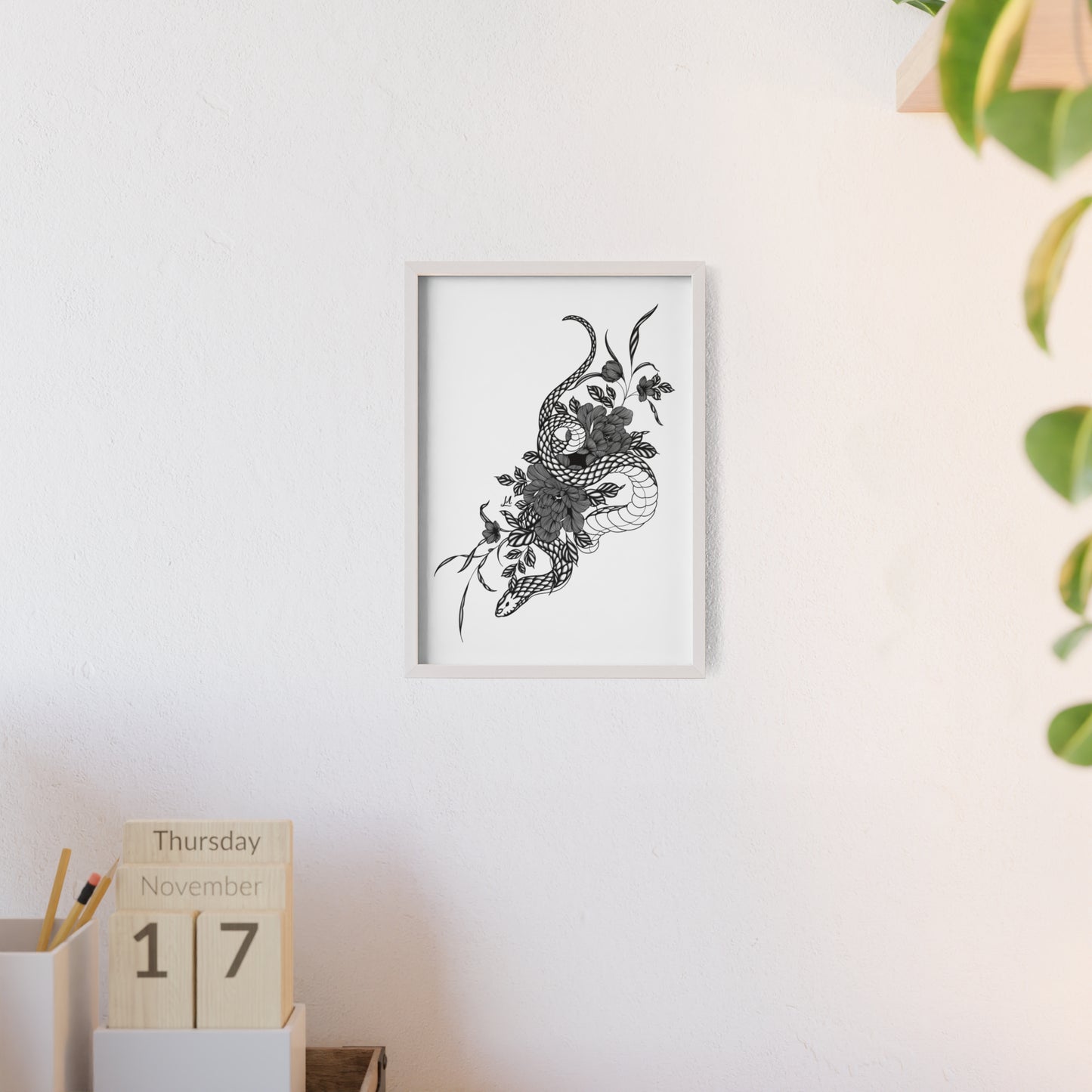 Botanical serpent wall art, in a black and white contrast shading - Framed.