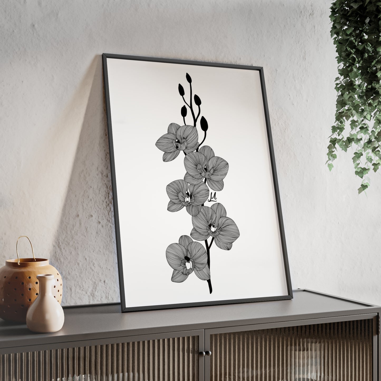 Elegant orchid line artwork - Framed.