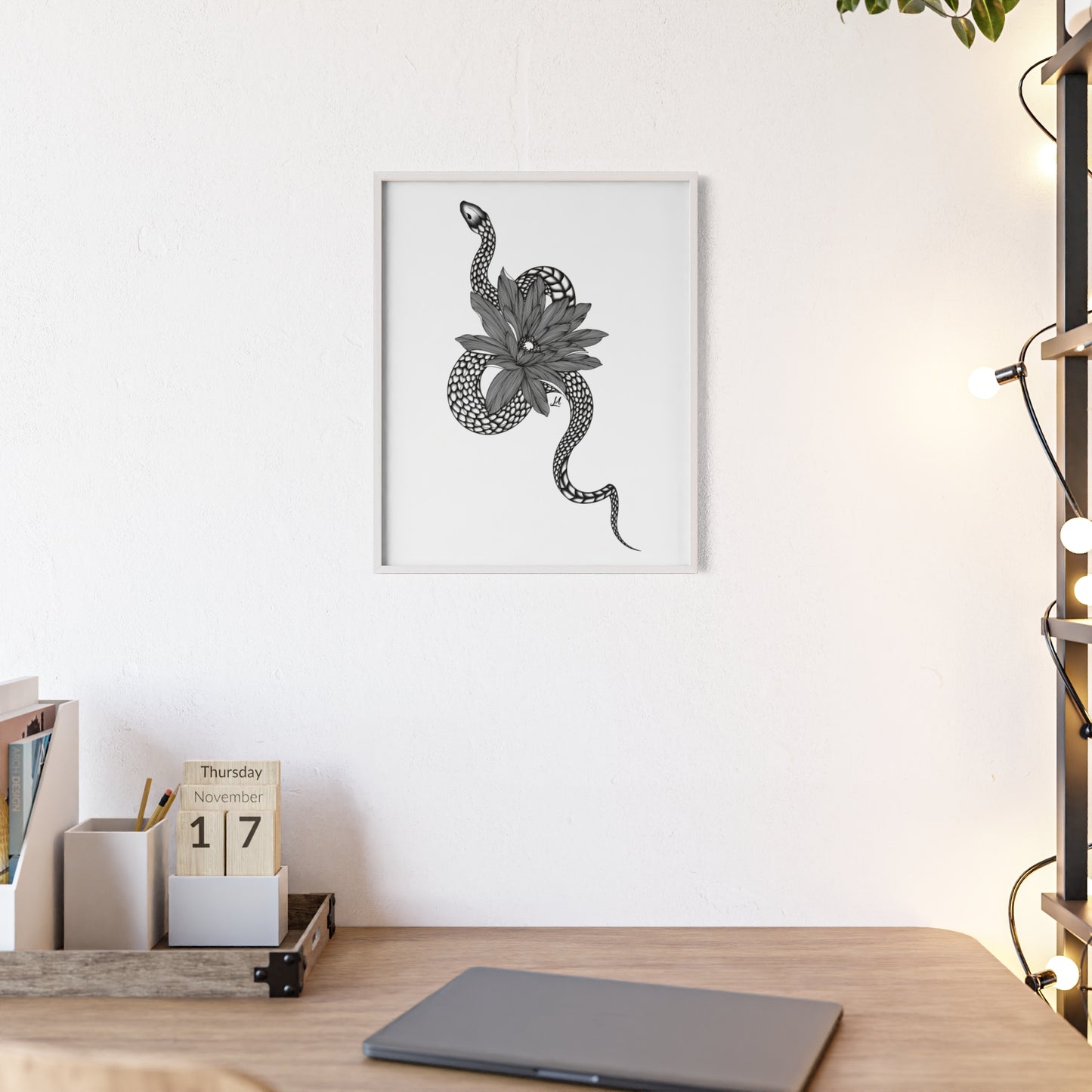 Serpent and flower artwork - Framed.