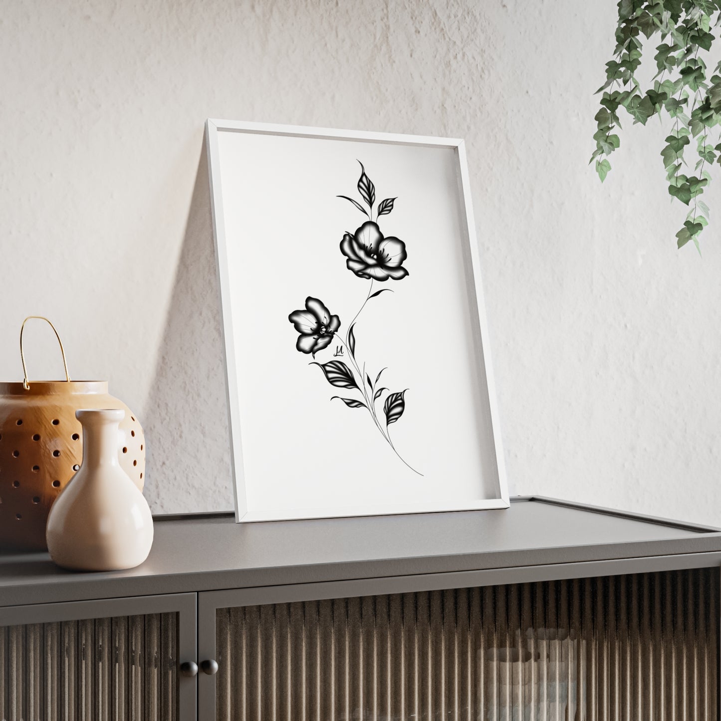 Black and white elegant flower artwork - Framed.
