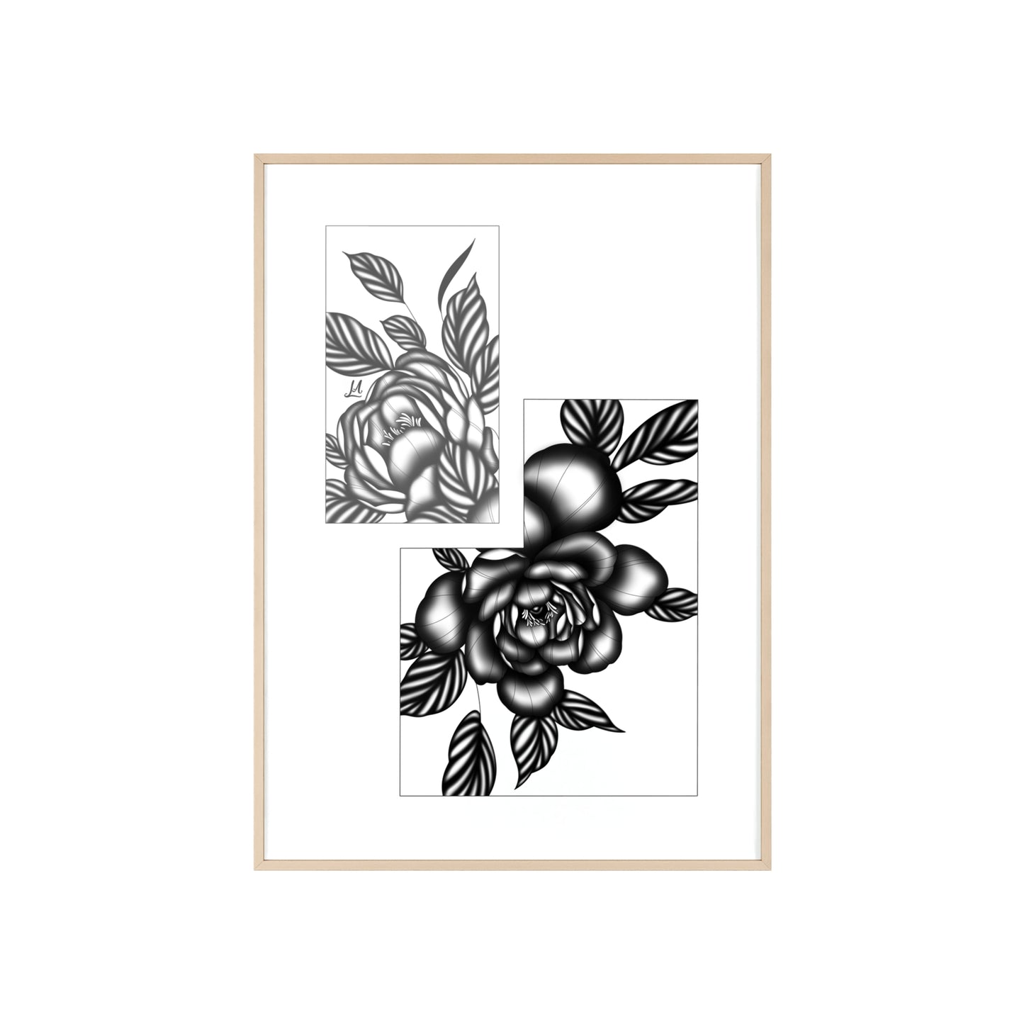 Detailed floral artwork in a black and white setting - Framed.