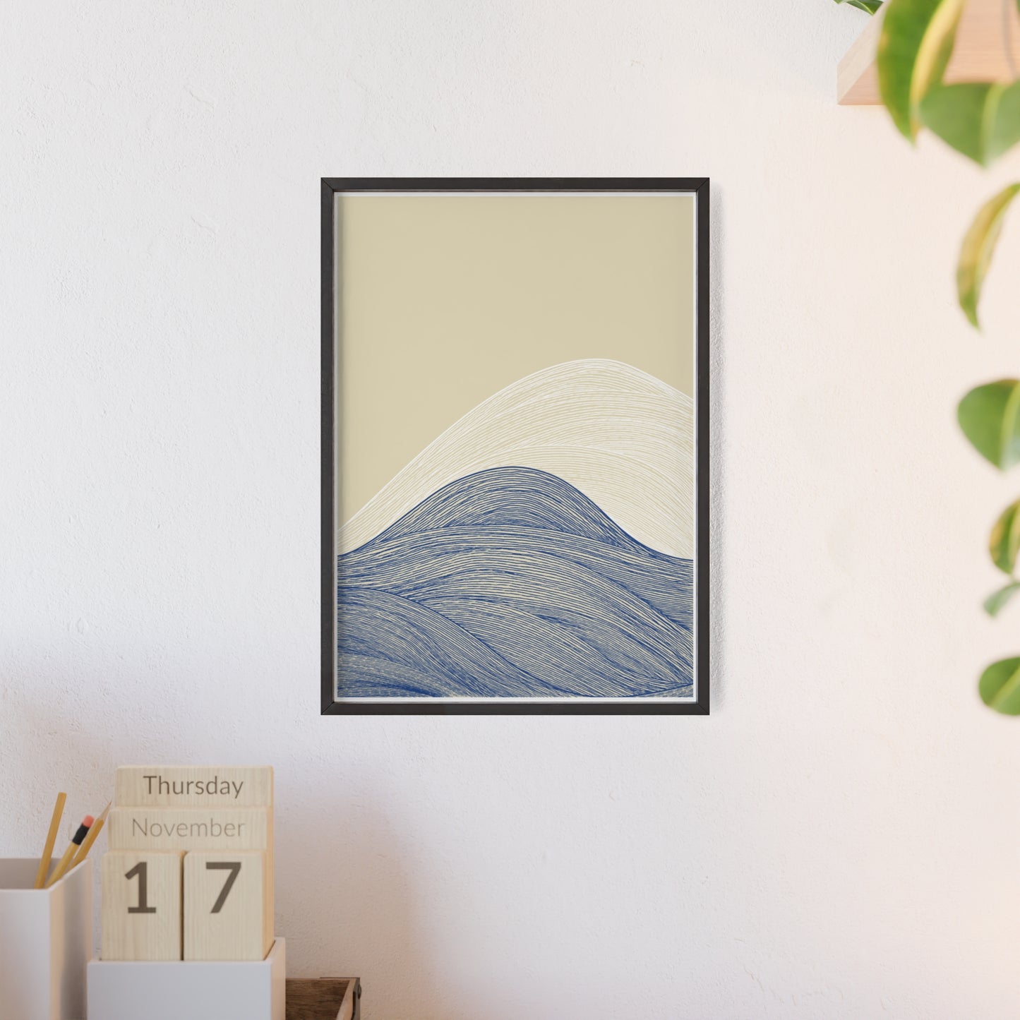 Coastal Waves Poster with Wooden Frame, Nautical Wall Art, Beach House Decor, Minimalist Print, Home Office Artwork