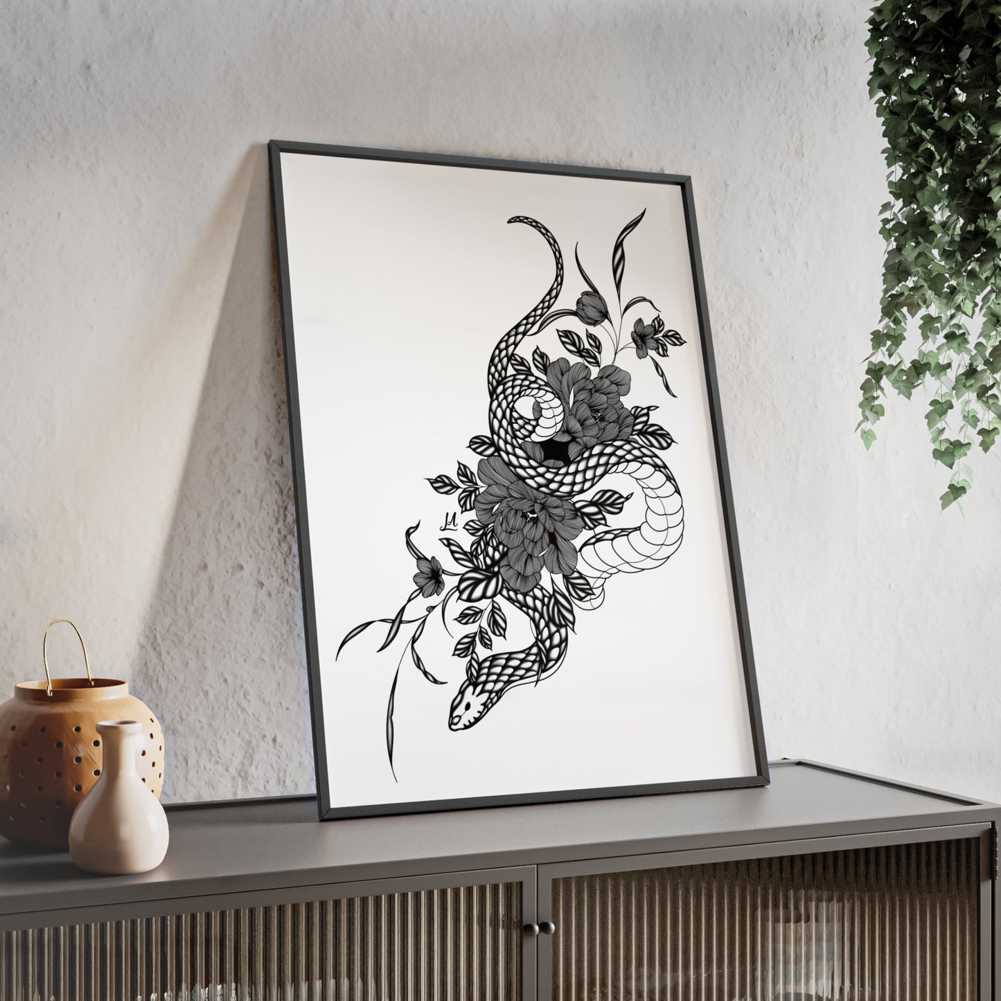 Botanical serpent wall art, in a black and white contrast shading - Framed.