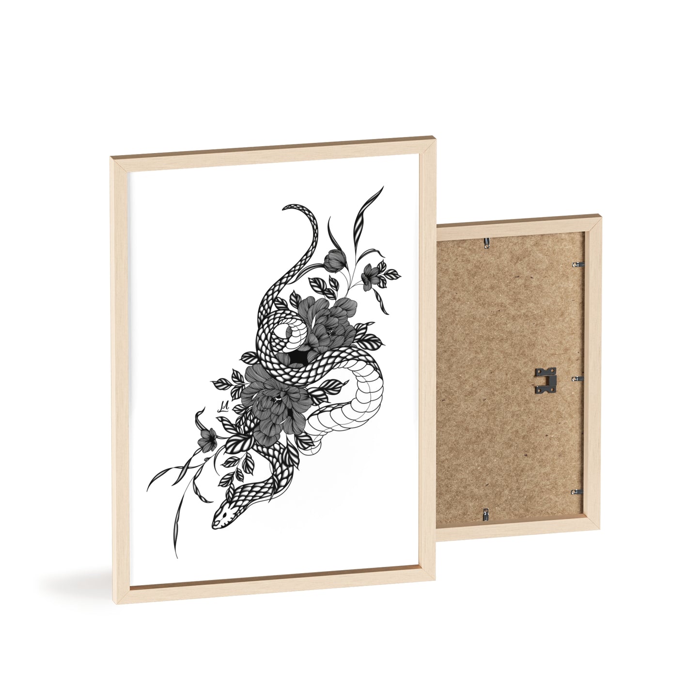 Botanical serpent wall art, in a black and white contrast shading - Framed.