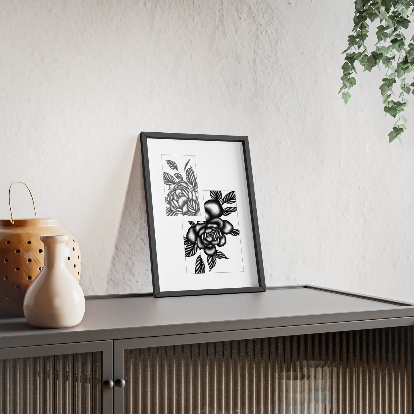 Detailed floral artwork in a black and white setting - Framed.