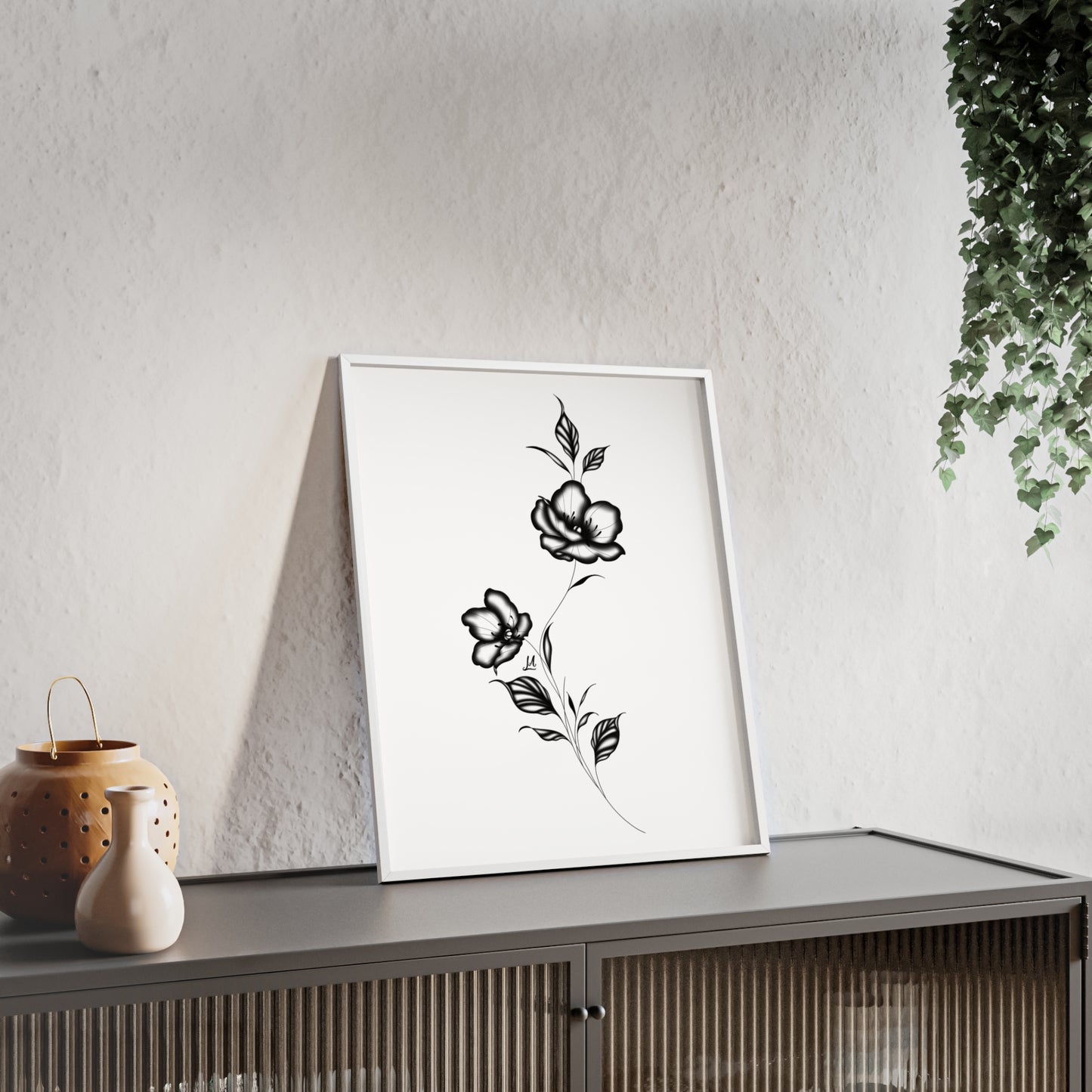 Black and white elegant flower artwork - Framed.