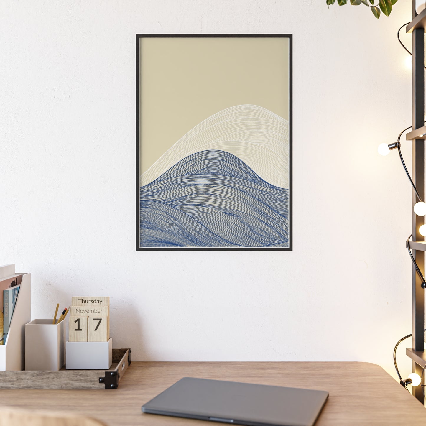 Coastal Waves Poster with Wooden Frame, Nautical Wall Art, Beach House Decor, Minimalist Print, Home Office Artwork