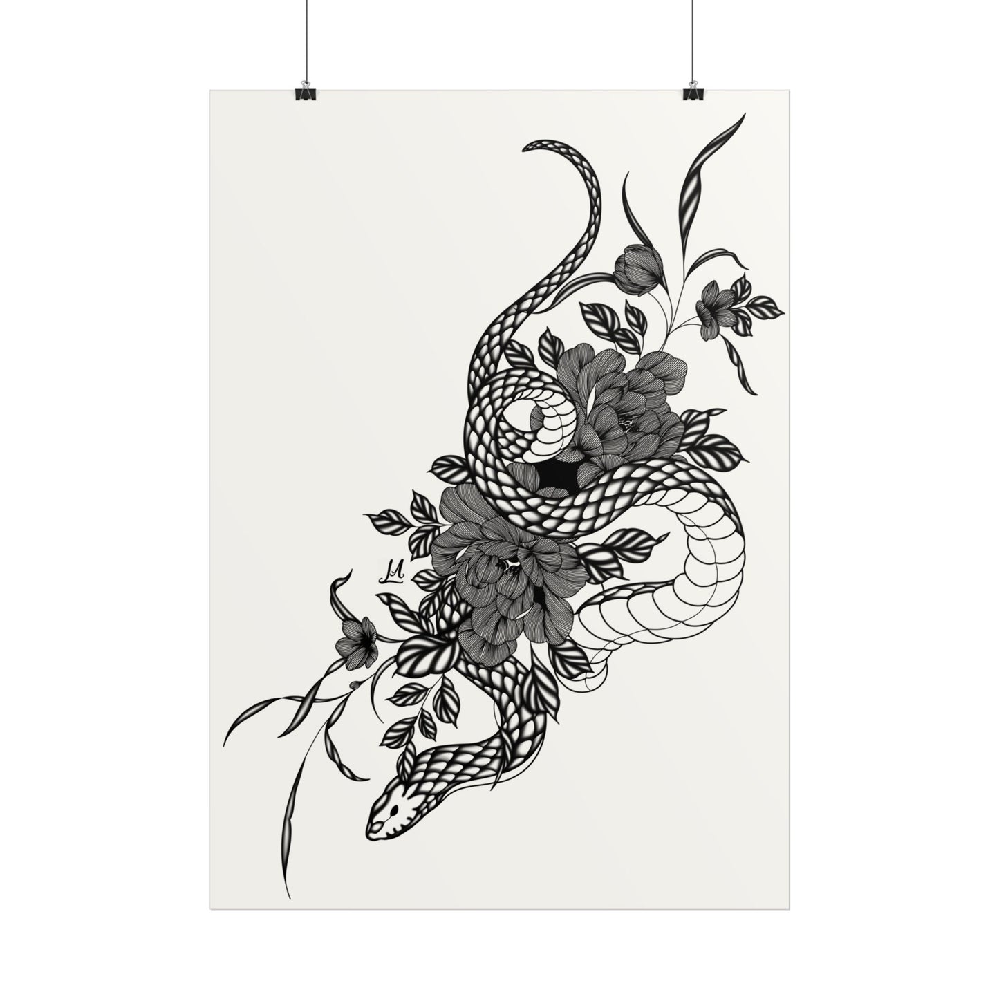 Botanical Serpent Wall Art, in black and white contrast shading.