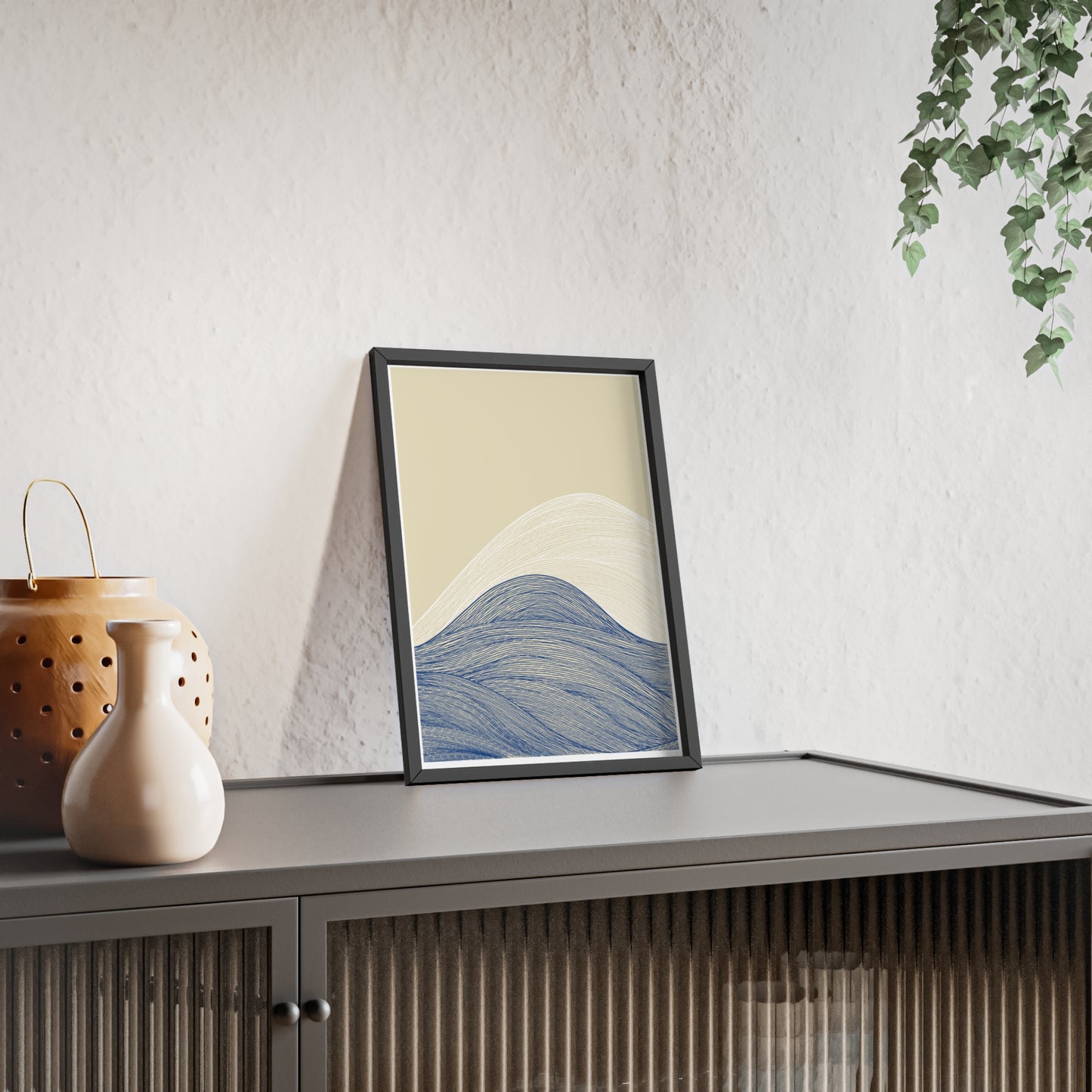 Coastal Waves Poster with Wooden Frame, Nautical Wall Art, Beach House Decor, Minimalist Print, Home Office Artwork