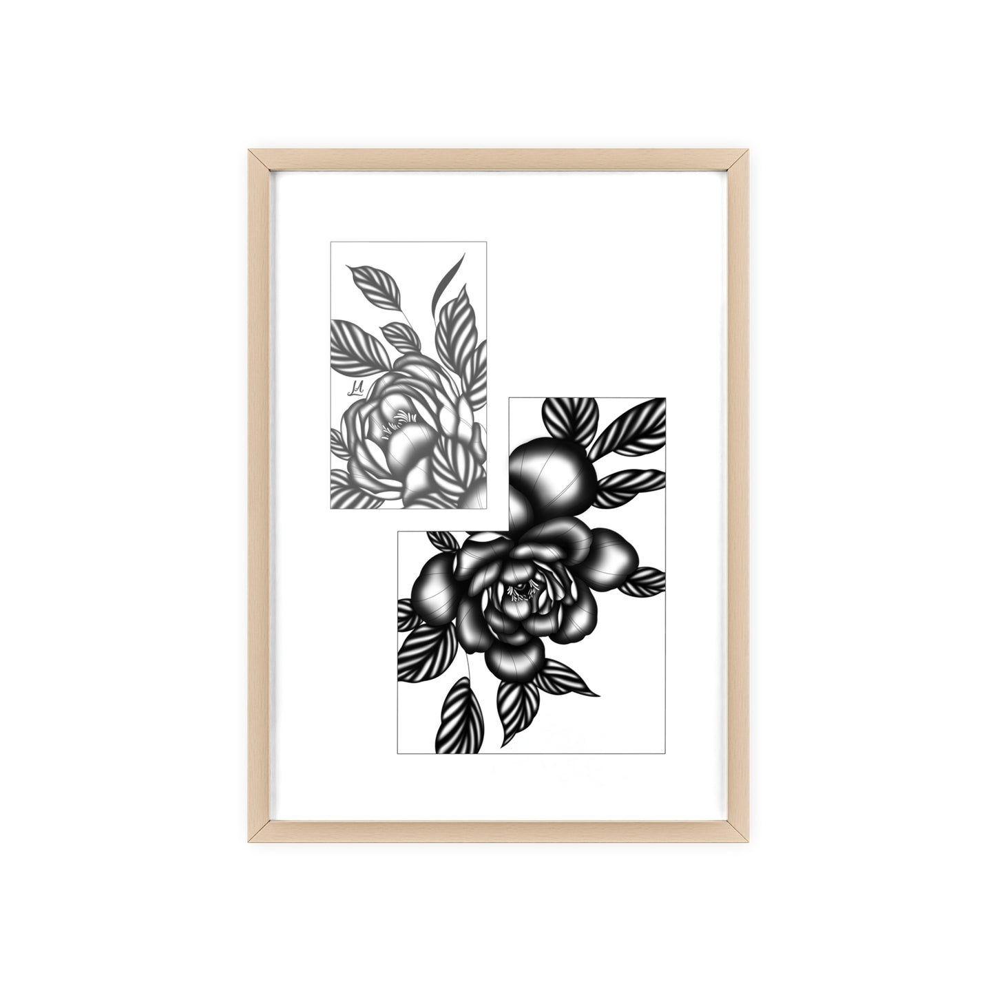 Detailed floral artwork in a black and white setting - Framed.