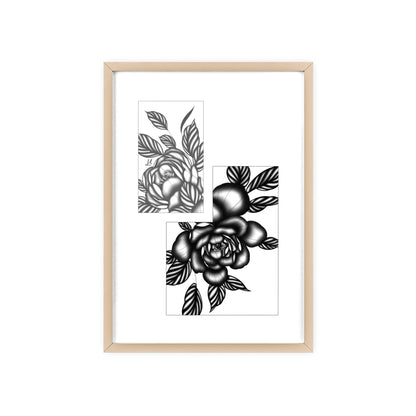 Detailed floral artwork in a black and white setting - Framed.