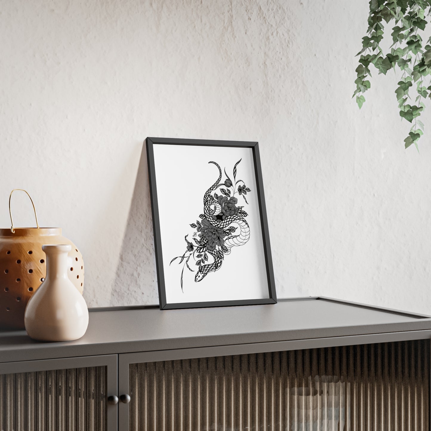 Botanical serpent wall art, in a black and white contrast shading - Framed.