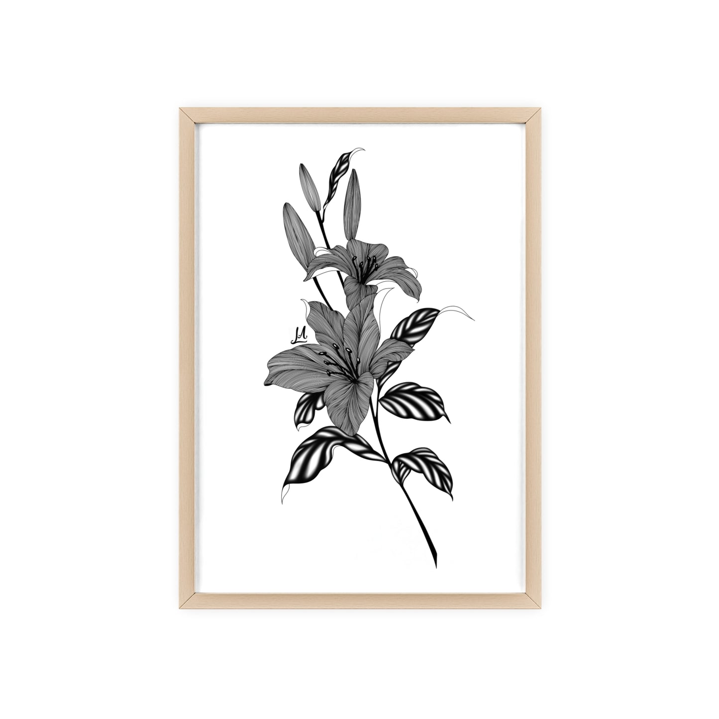Elegant Floral Wall Art, Black and White Lily artwork - Framed.