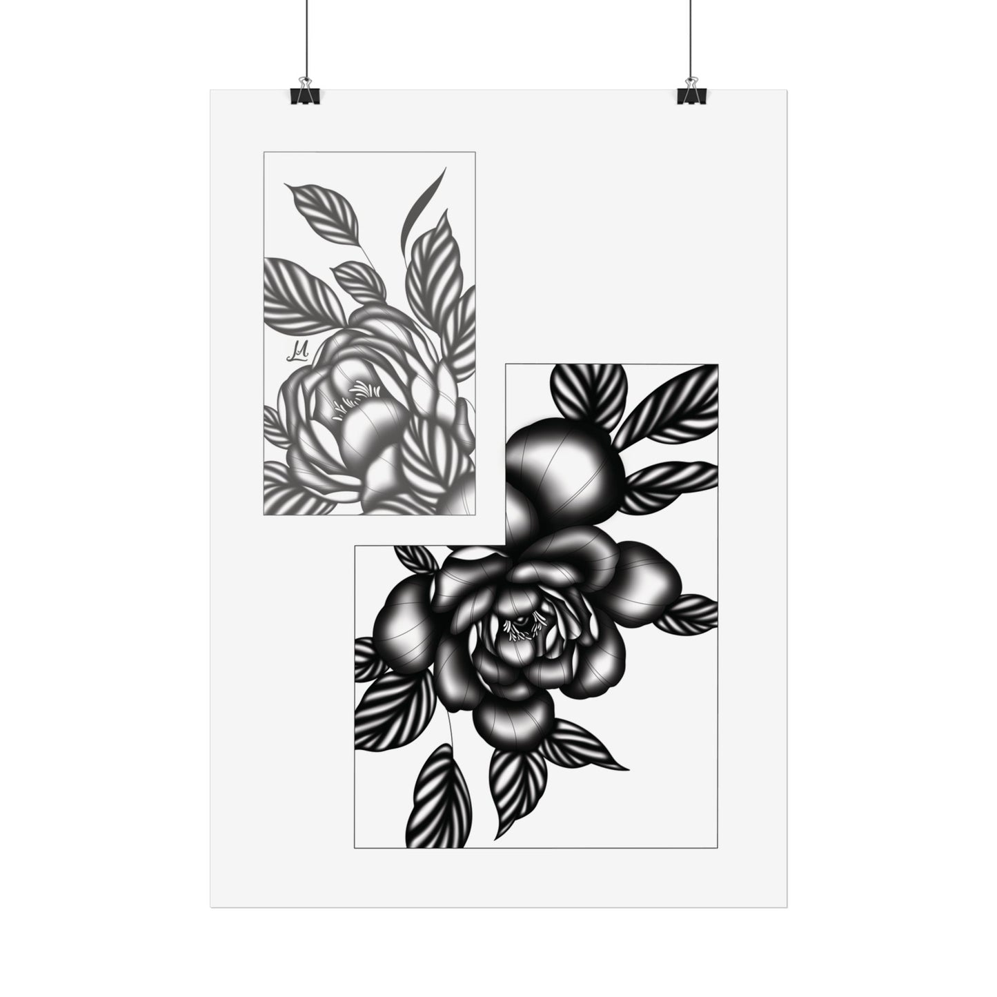 Detailed Floral artwork in a black and White setting.