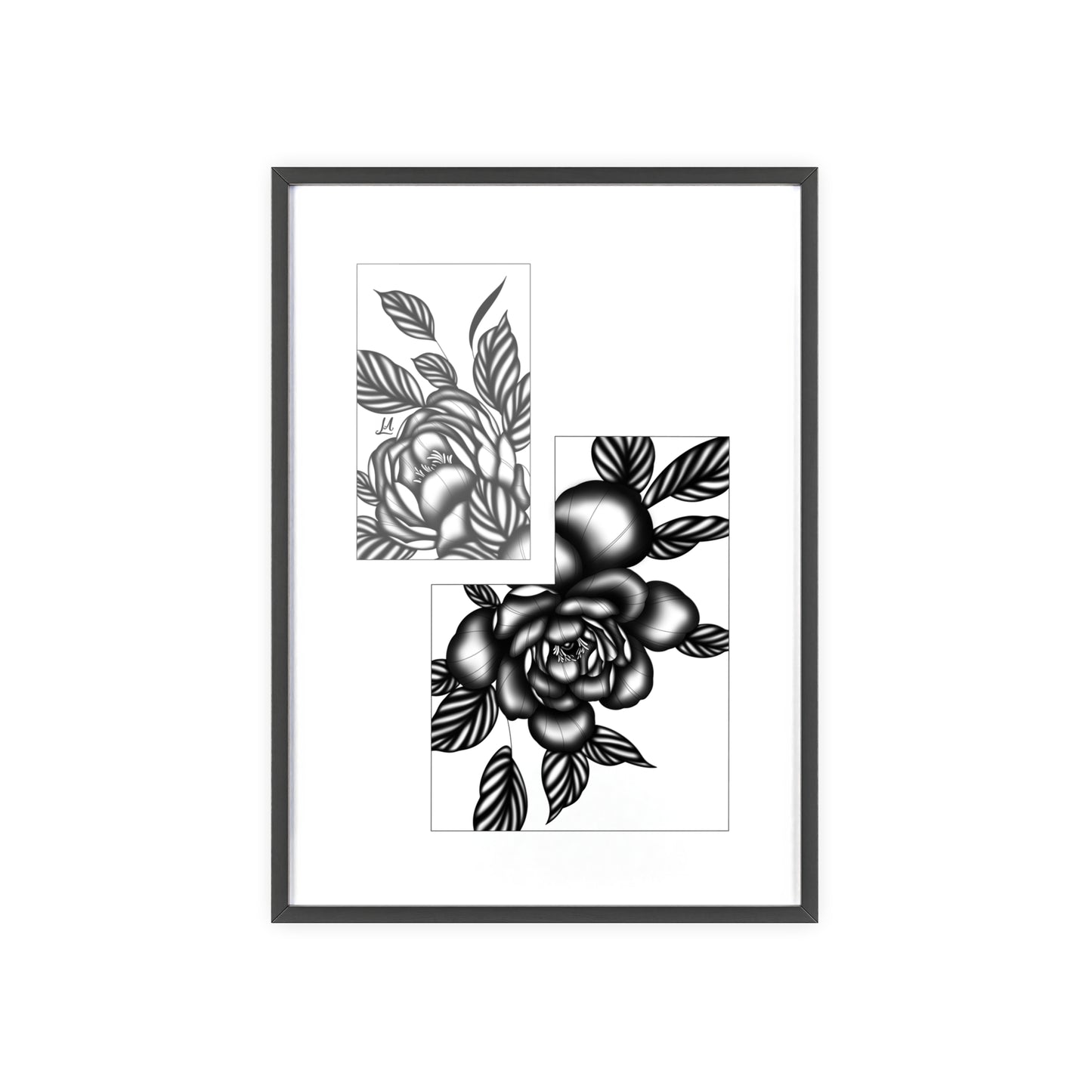 Detailed floral artwork in a black and white setting - Framed.