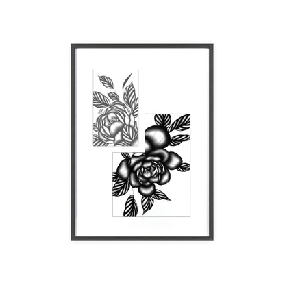 Detailed floral artwork in a black and white setting - Framed.