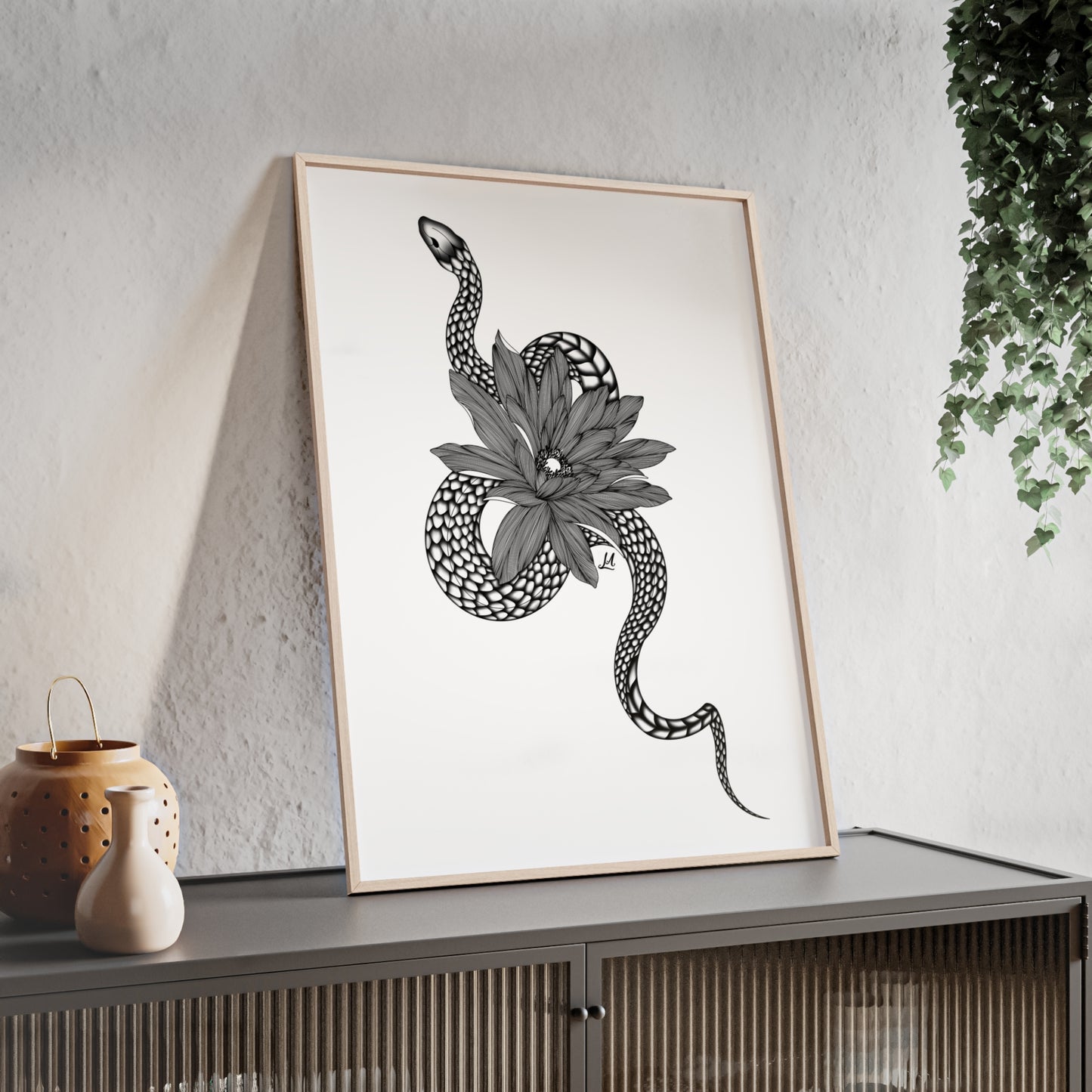 Serpent and flower artwork - Framed.