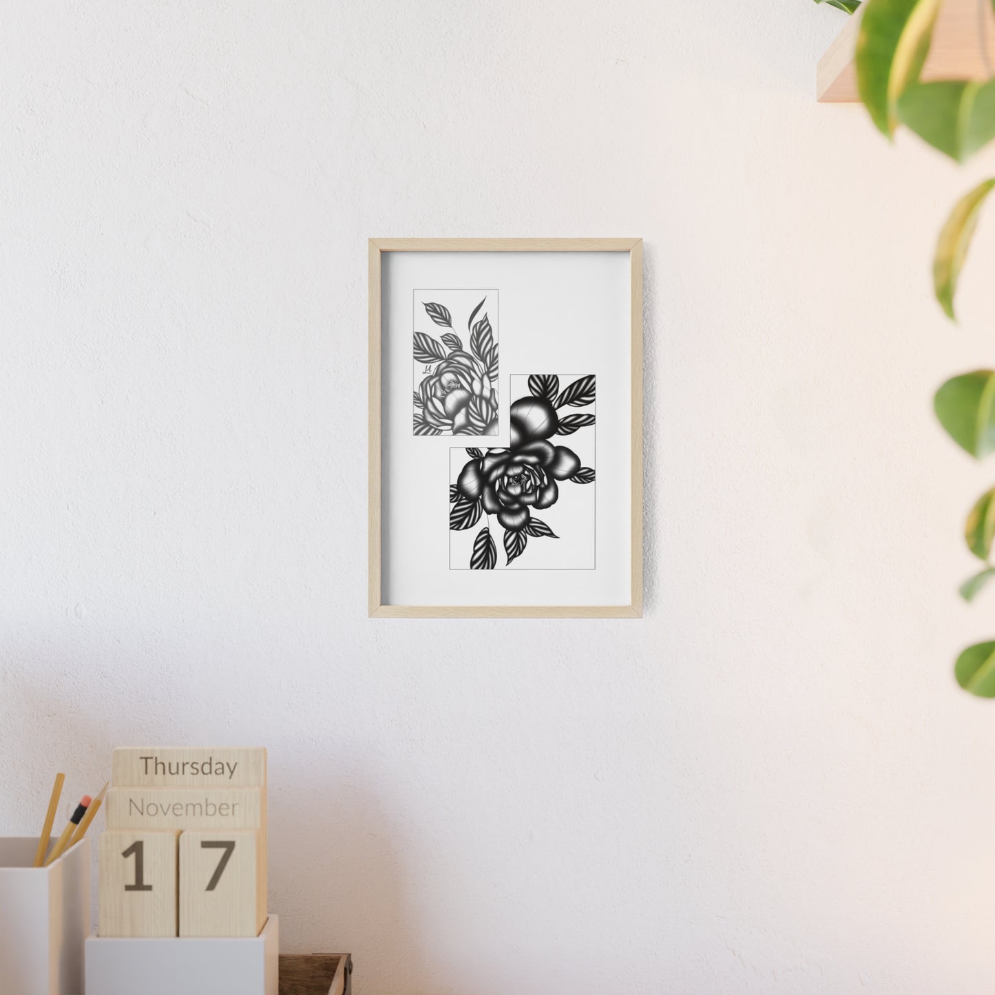 Detailed floral artwork in a black and white setting - Framed.