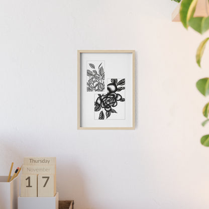 Detailed floral artwork in a black and white setting - Framed.