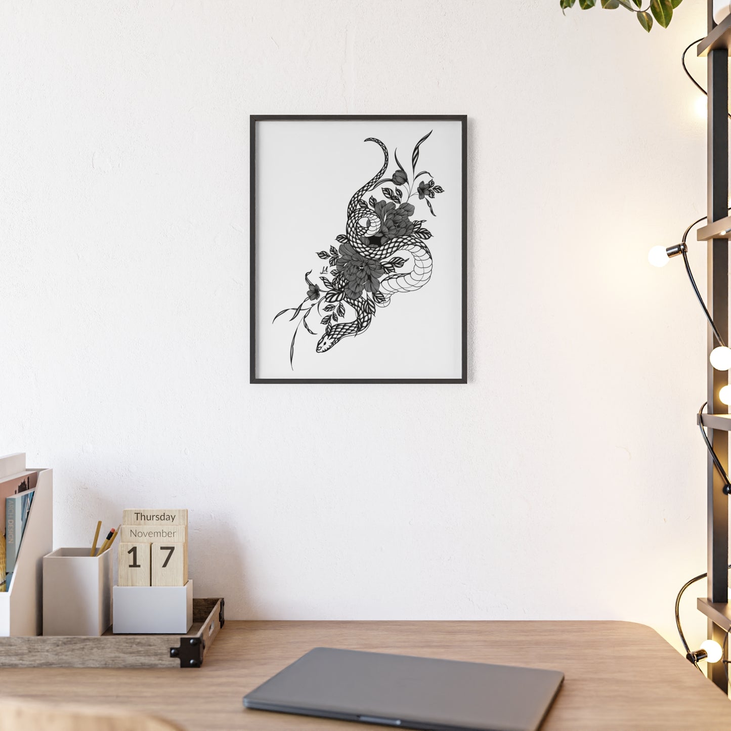 Botanical serpent wall art, in a black and white contrast shading - Framed.