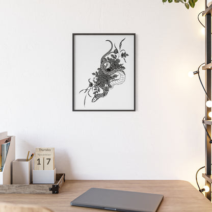 Botanical serpent wall art, in a black and white contrast shading - Framed.