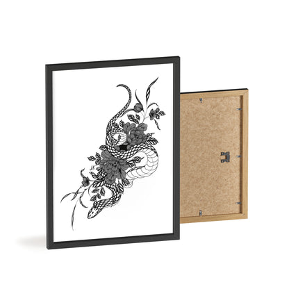 Botanical serpent wall art, in a black and white contrast shading - Framed.