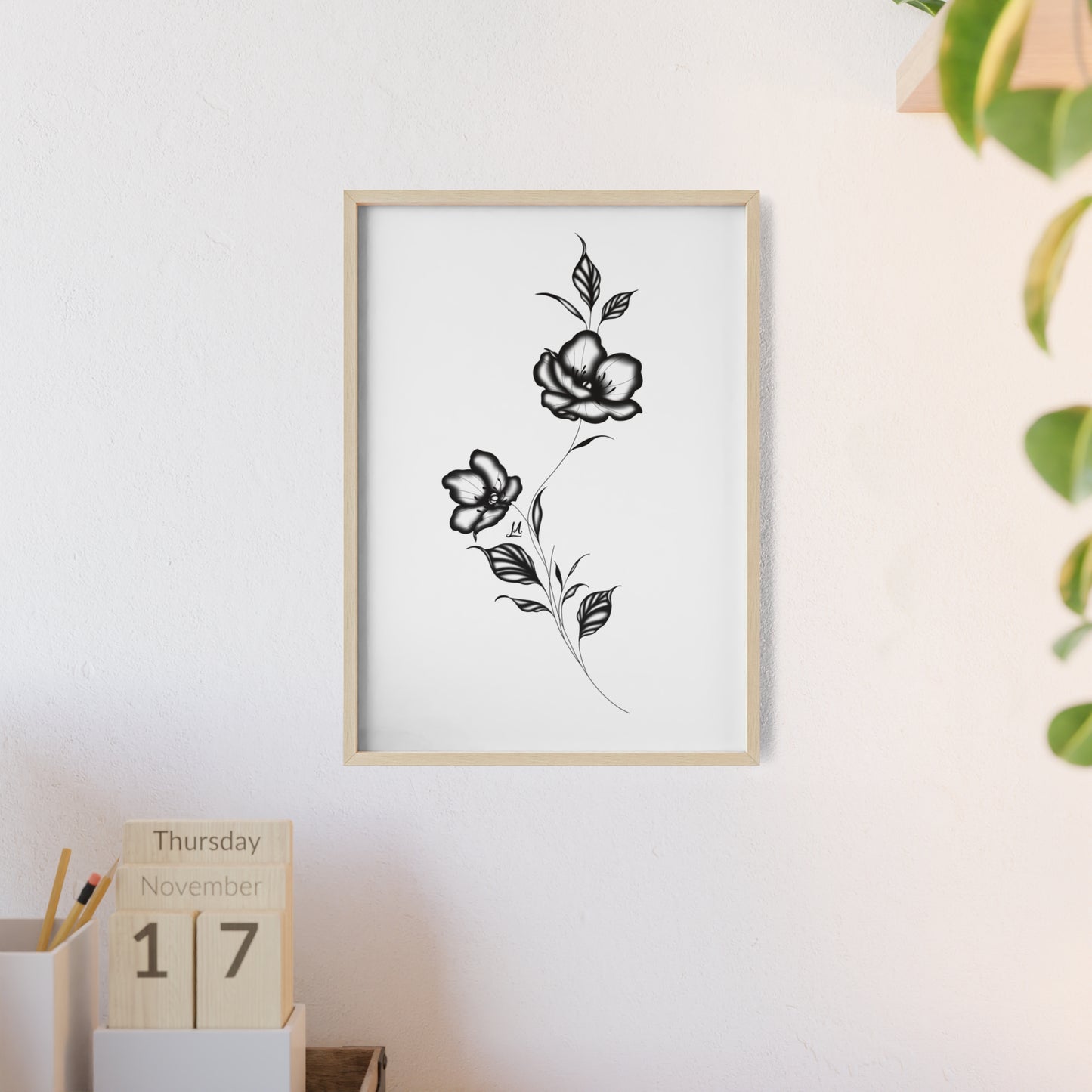 Black and white elegant flower artwork - Framed.