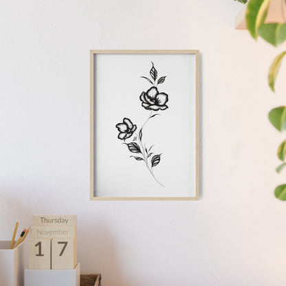 Black and white elegant flower artwork - Framed.