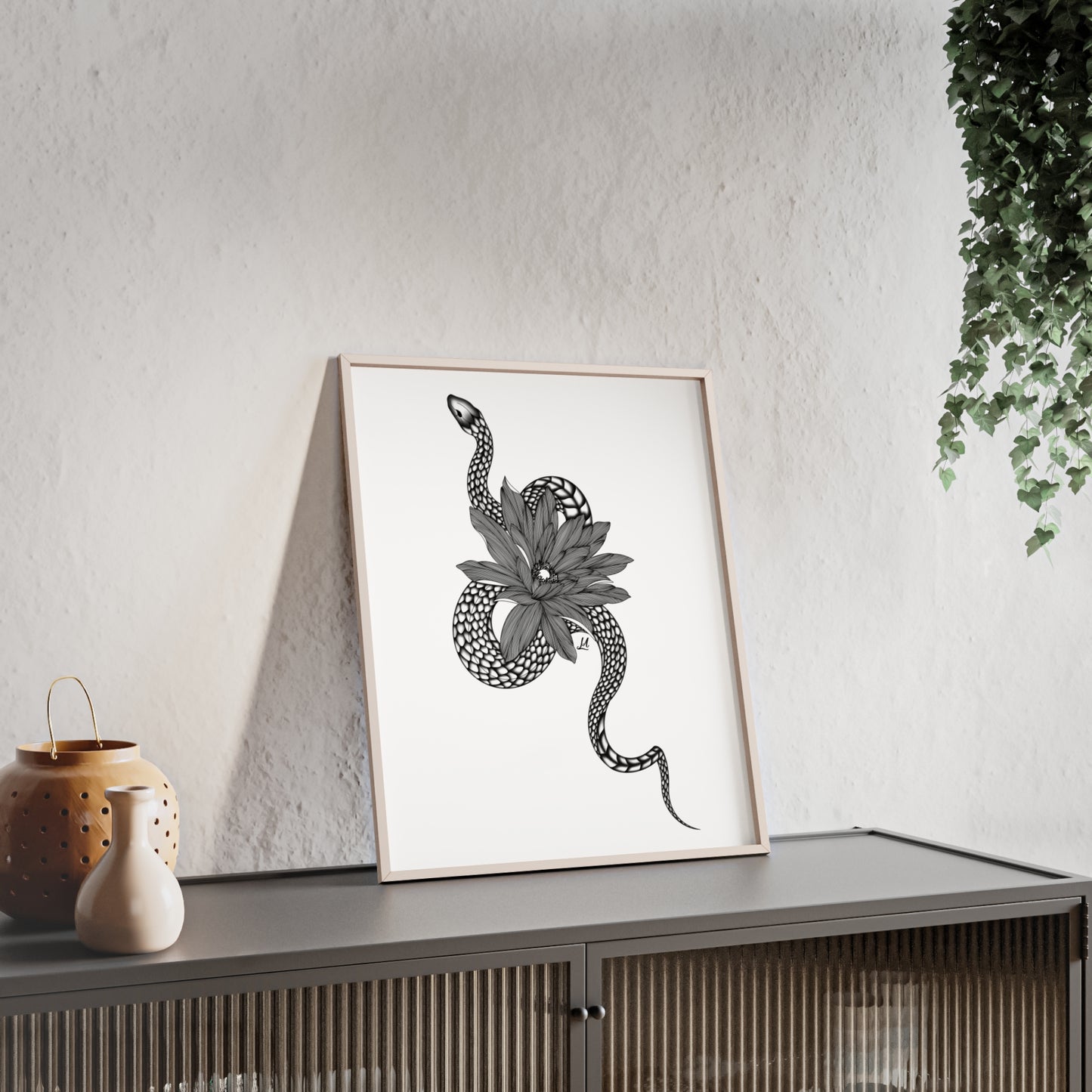 Serpent and flower artwork - Framed.