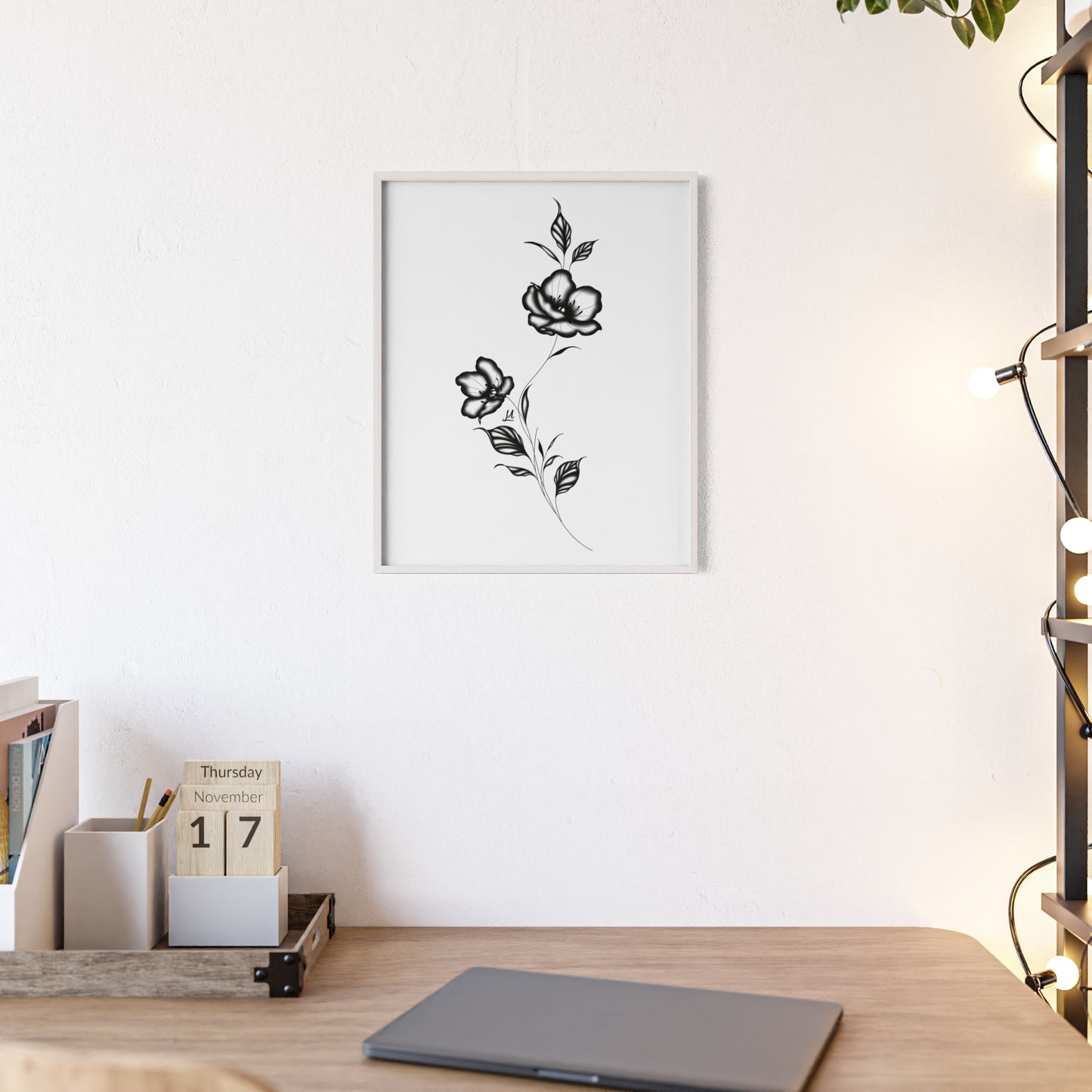 Black and white elegant flower artwork - Framed.