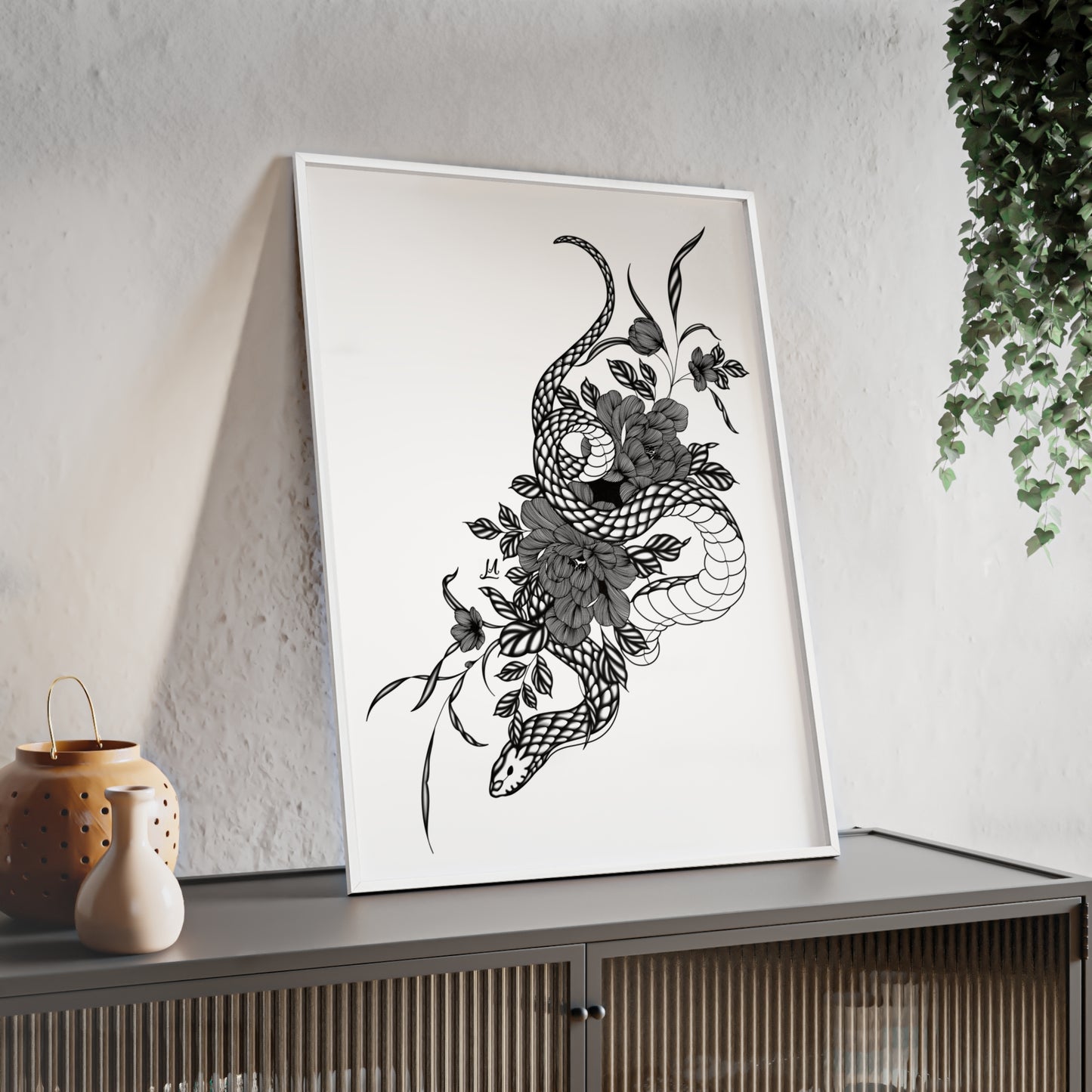Botanical serpent wall art, in a black and white contrast shading - Framed.