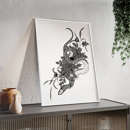 Botanical serpent wall art, in a black and white contrast shading - Framed.
