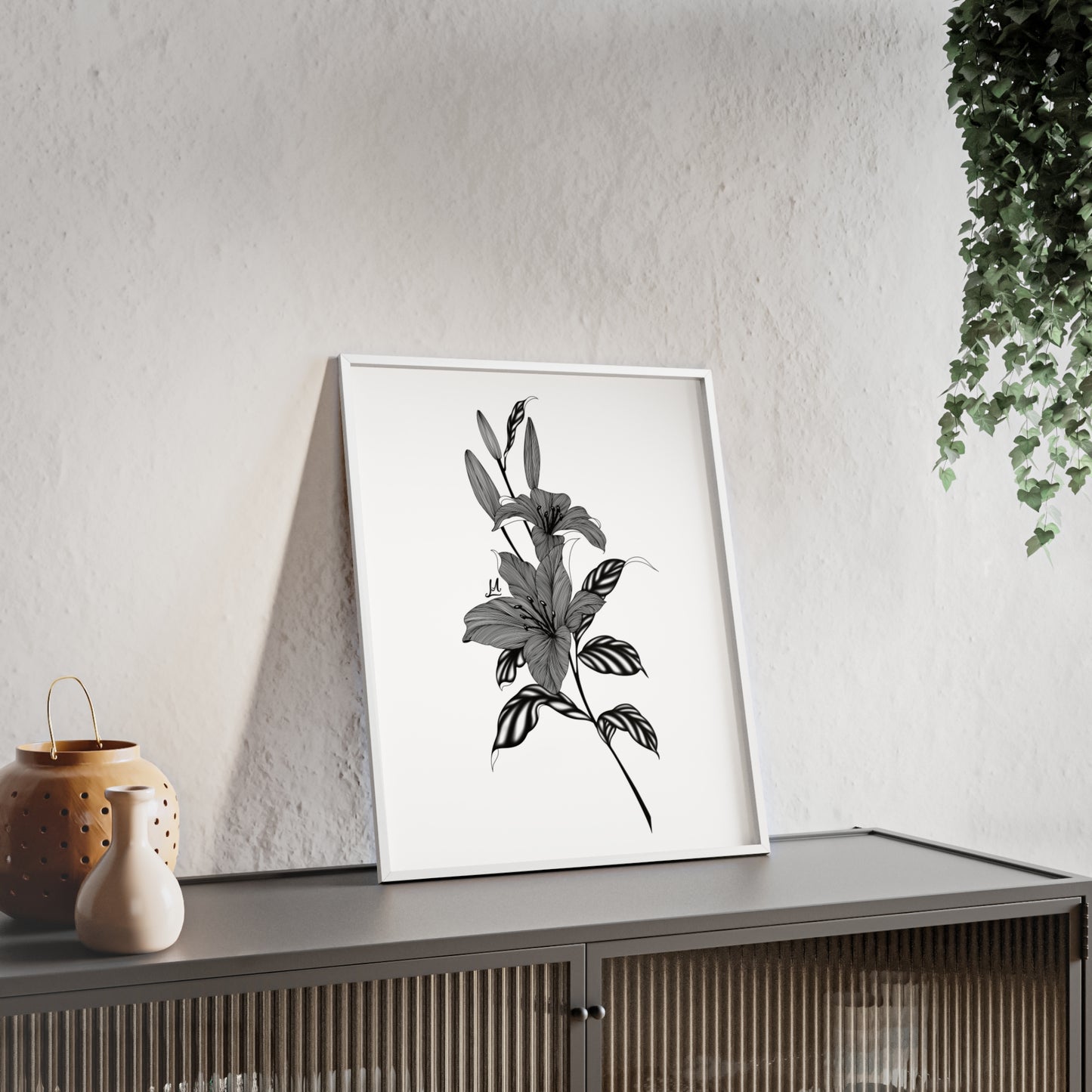 Elegant Floral Wall Art, Black and White Lily artwork - Framed.