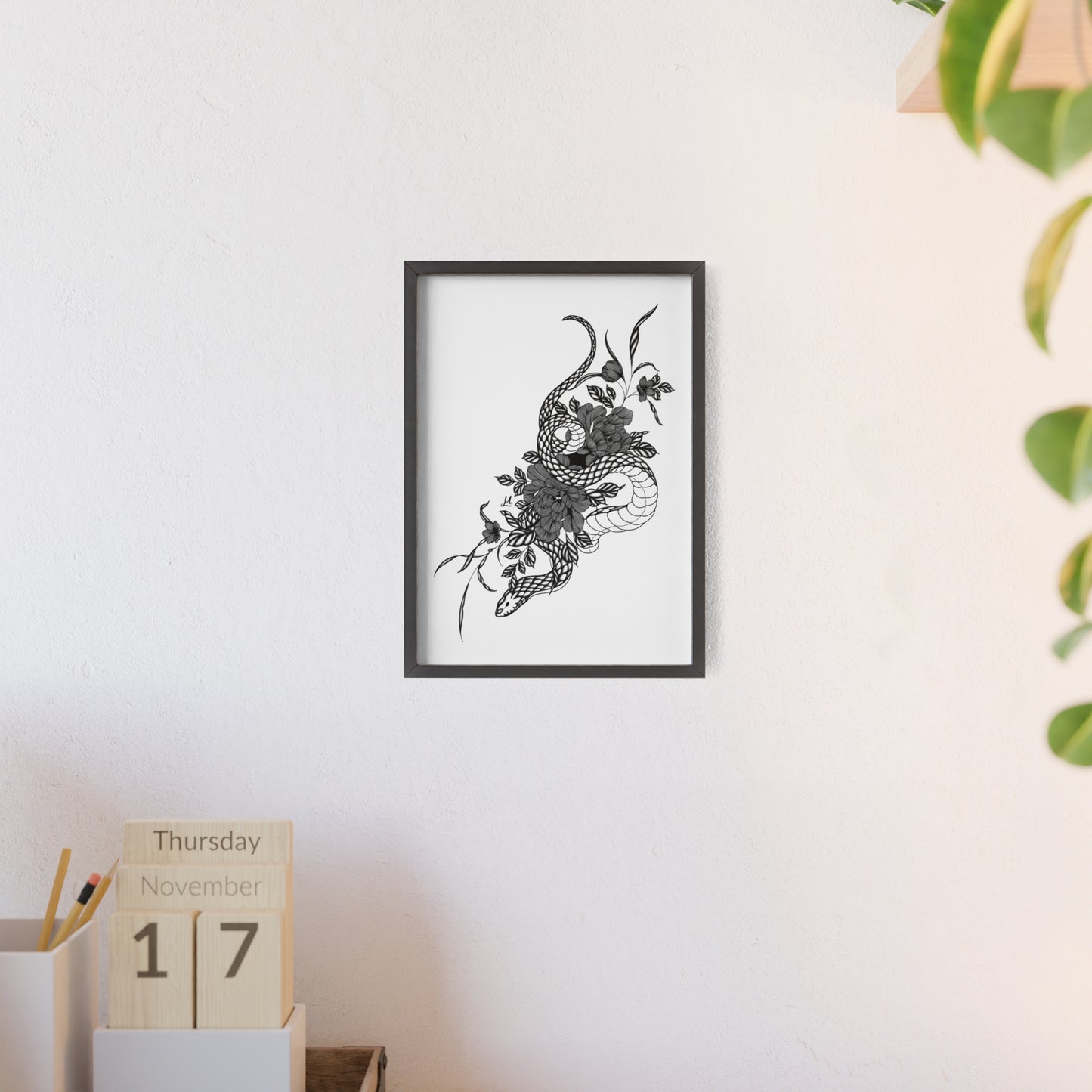 Botanical serpent wall art, in a black and white contrast shading - Framed.