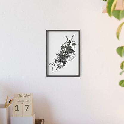 Botanical serpent wall art, in a black and white contrast shading - Framed.