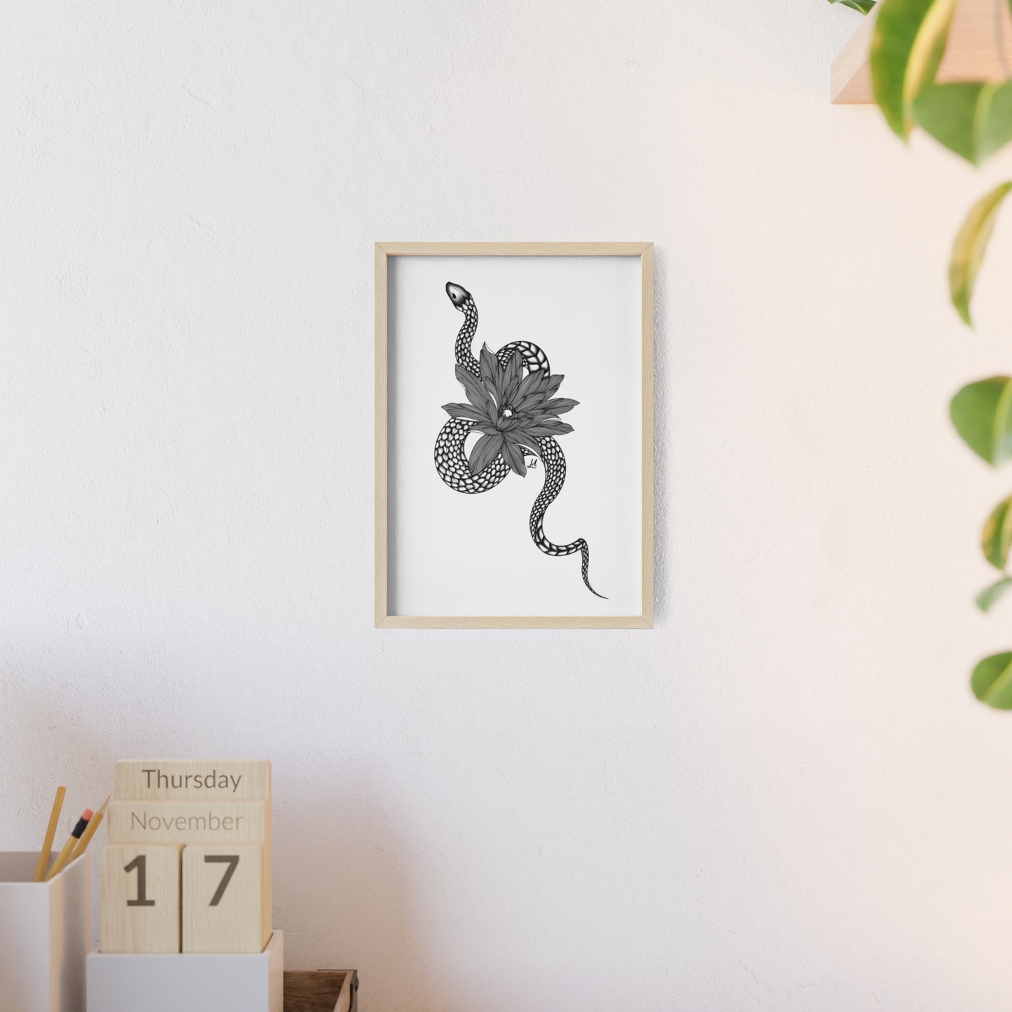 Serpent and flower artwork - Framed.