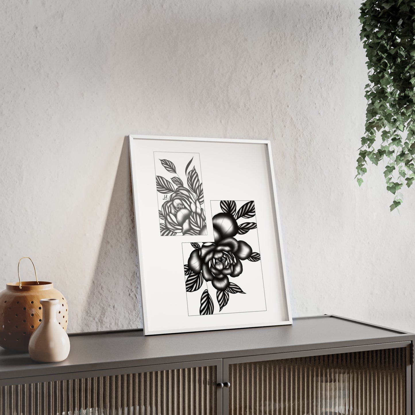 Detailed floral artwork in a black and white setting - Framed.