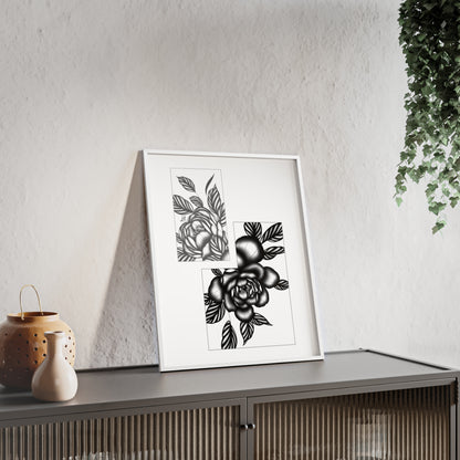Detailed floral artwork in a black and white setting - Framed.