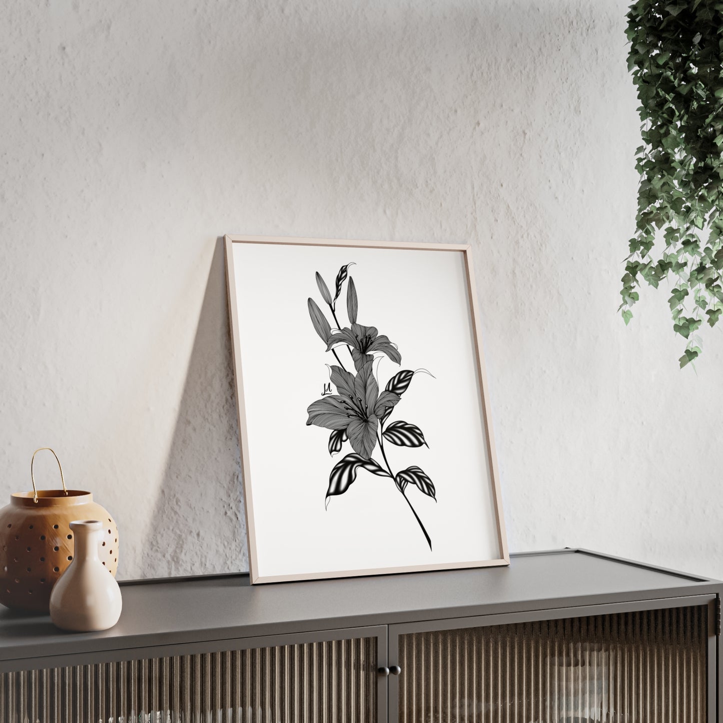 Elegant Floral Wall Art, Black and White Lily artwork - Framed.