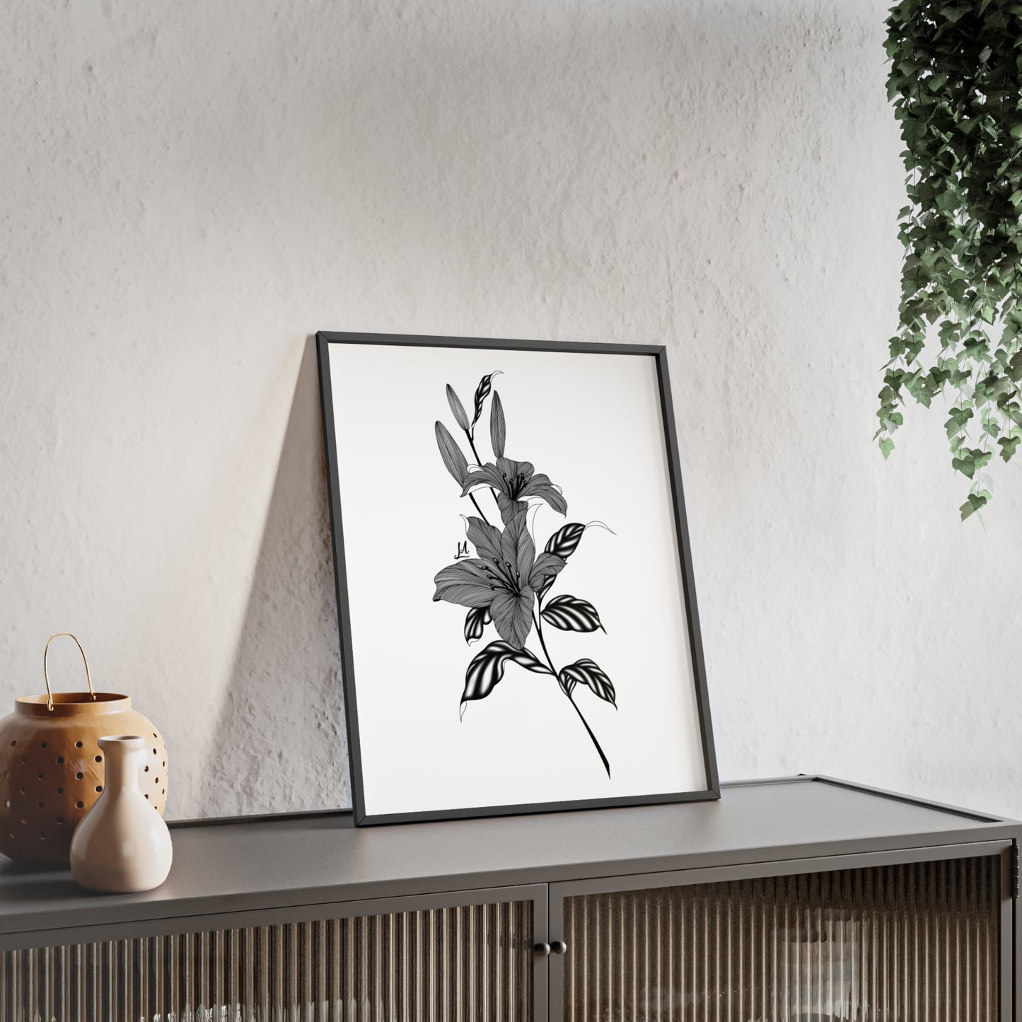Elegant Floral Wall Art, Black and White Lily artwork - Framed.