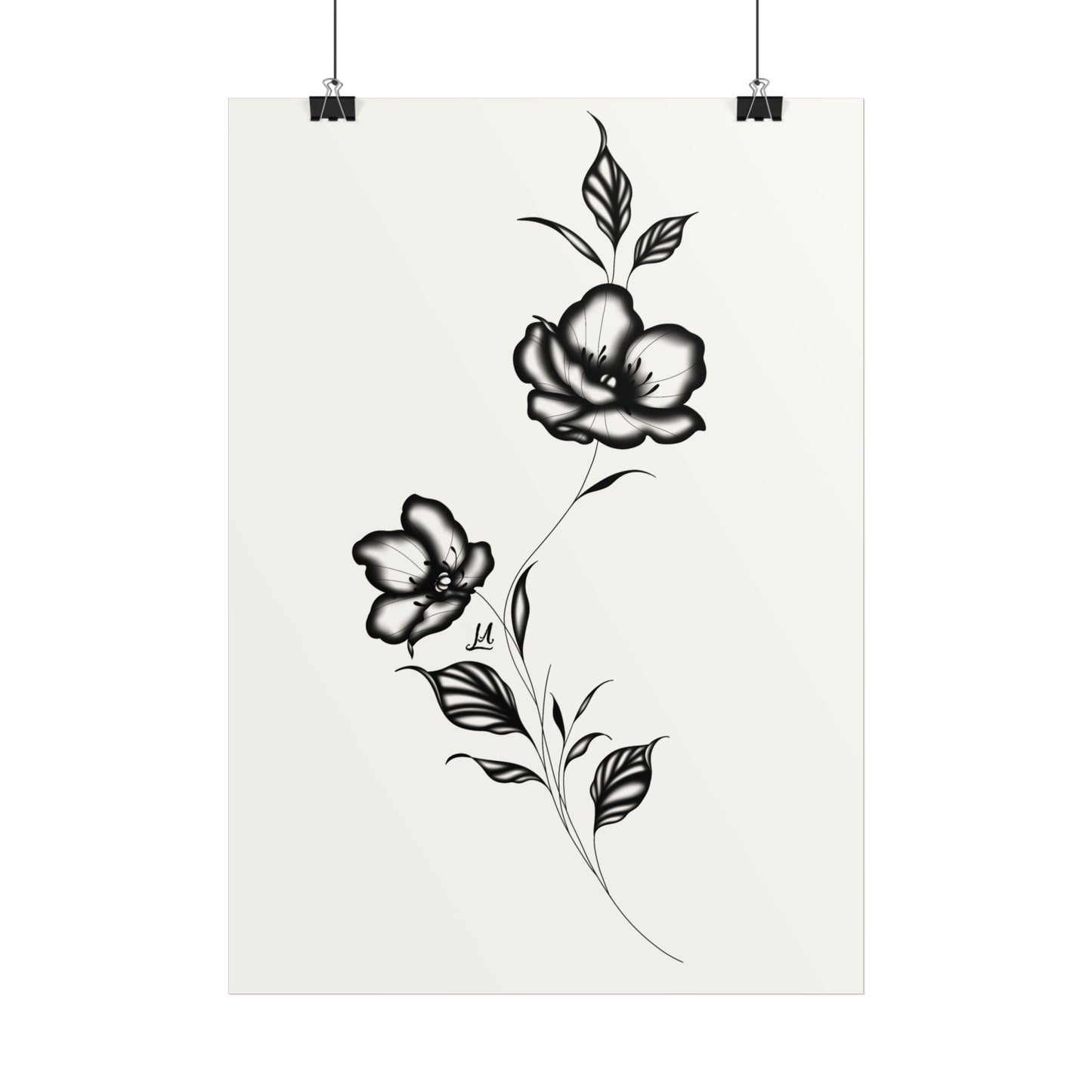 Black and white elegant flower artwork.