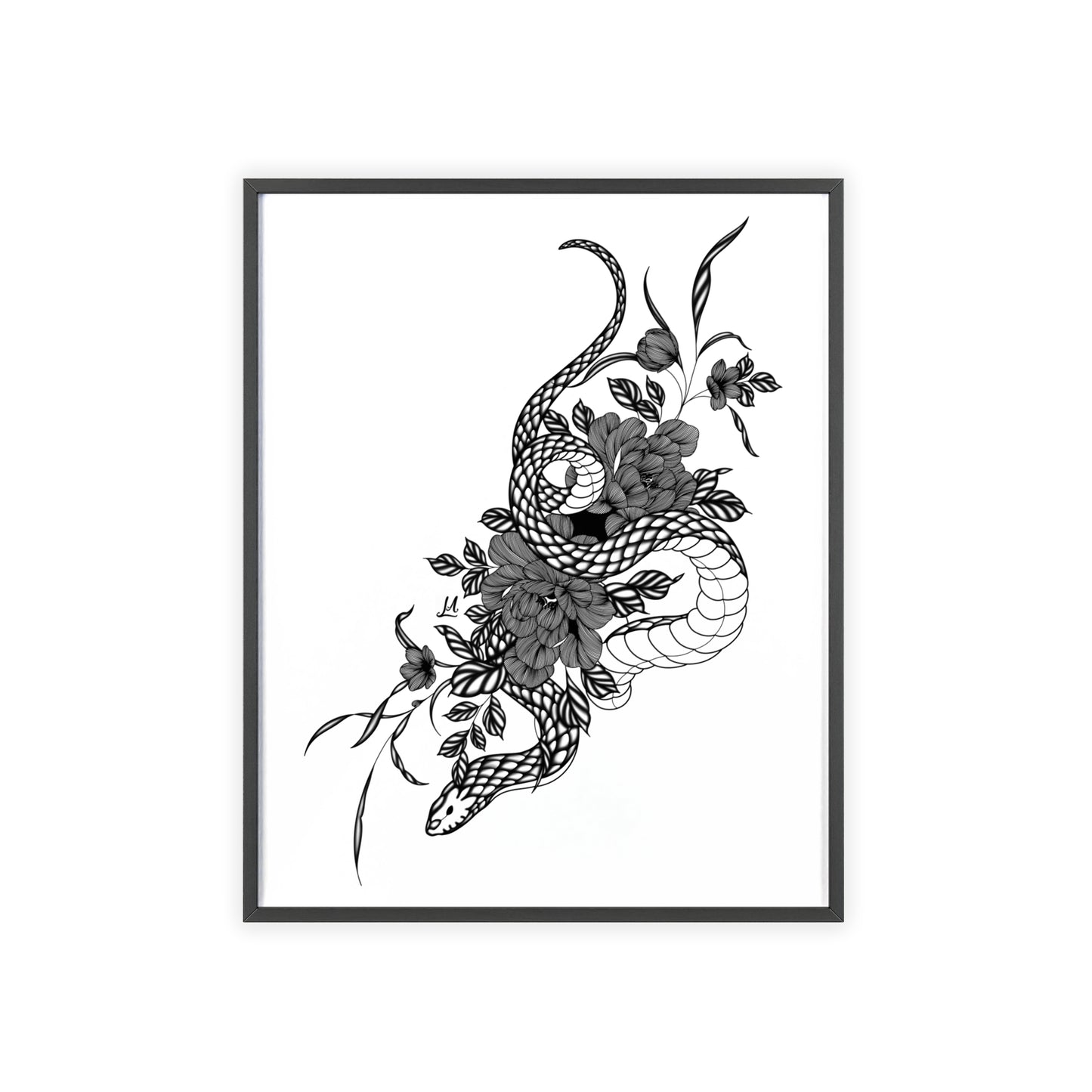 Botanical serpent wall art, in a black and white contrast shading - Framed.