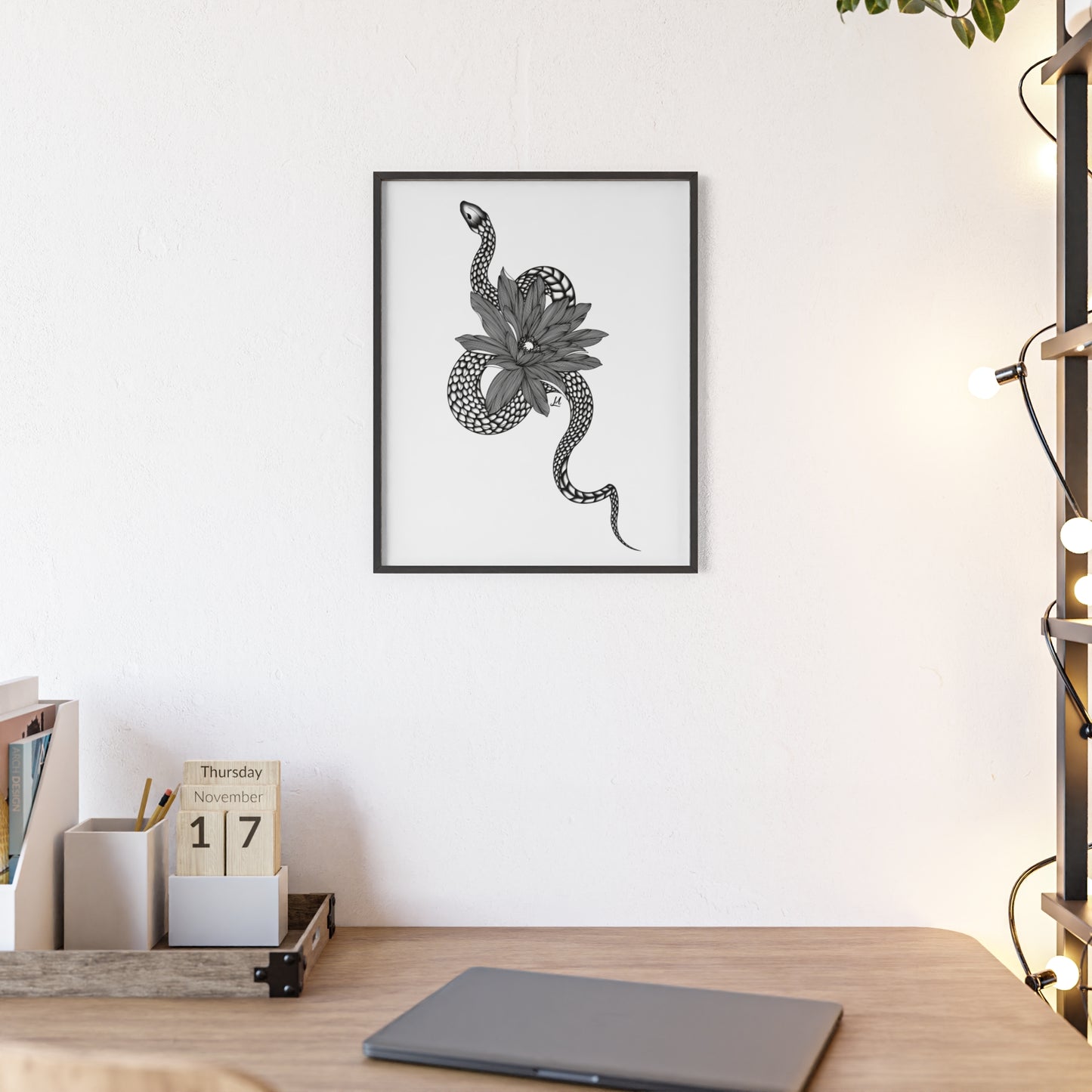 Serpent and flower artwork - Framed.