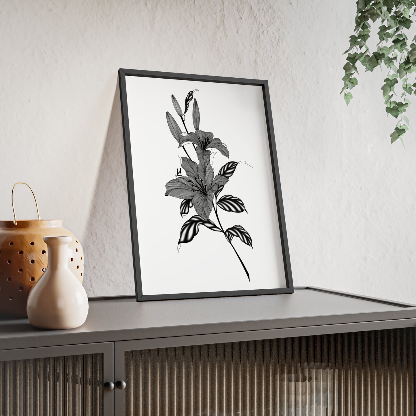 Elegant Floral Wall Art, Black and White Lily artwork - Framed.