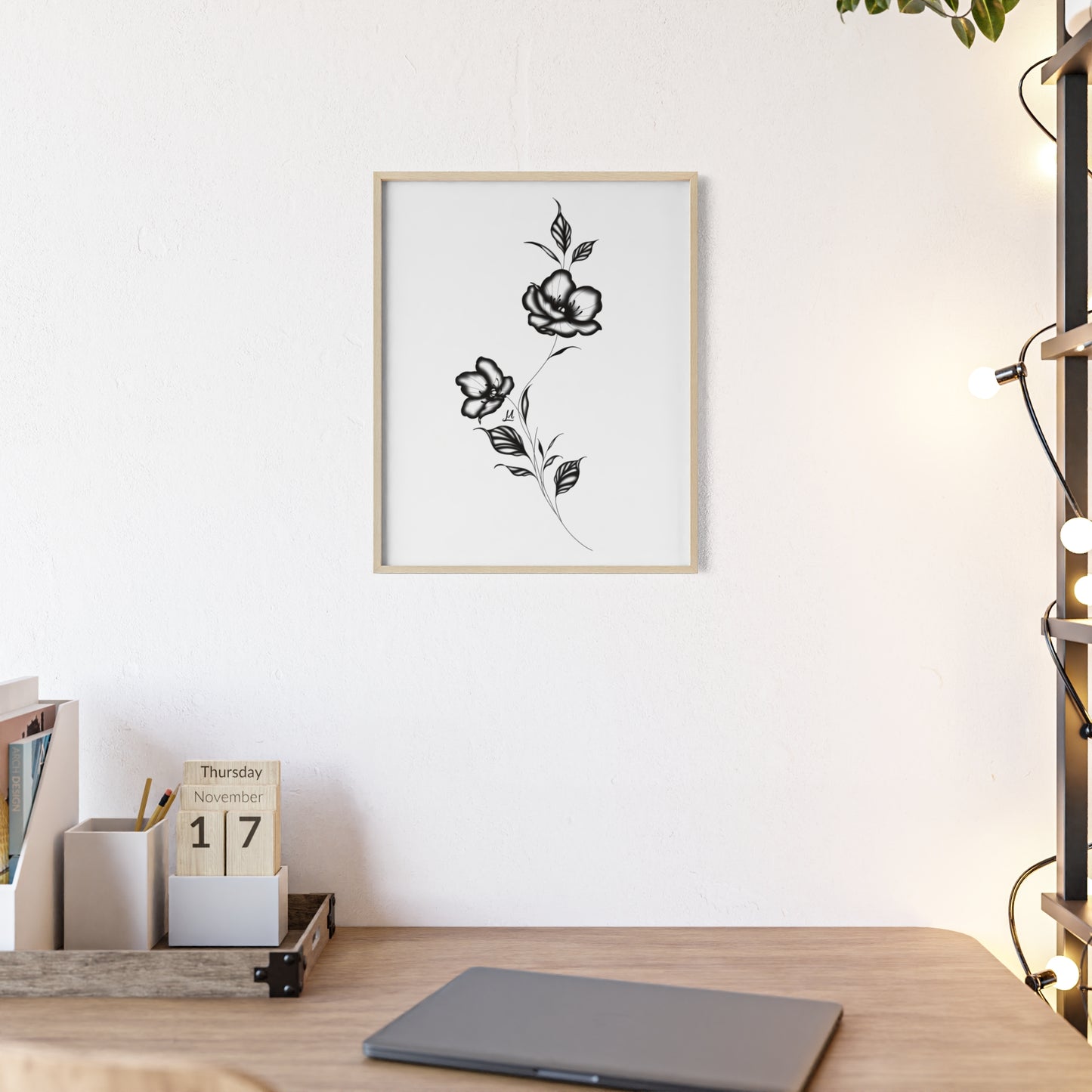 Black and white elegant flower artwork - Framed.