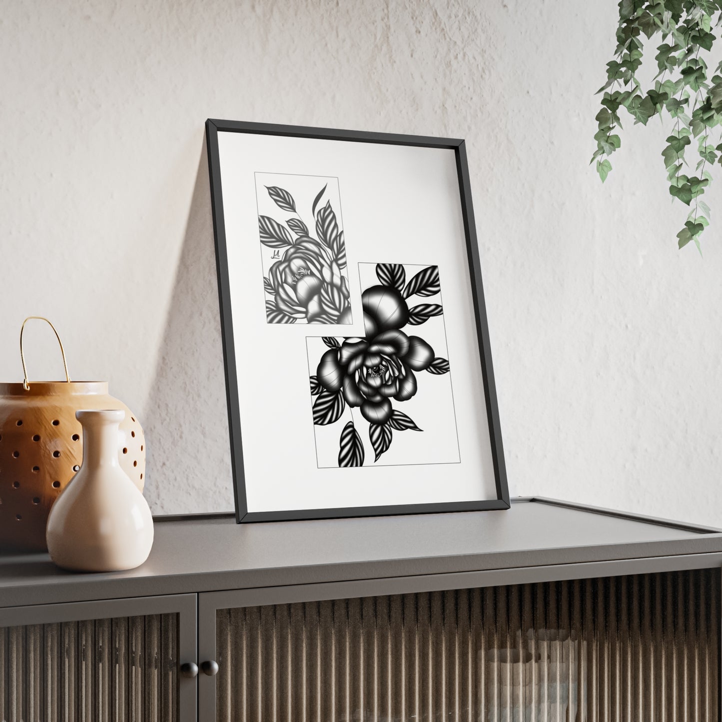 Detailed floral artwork in a black and white setting - Framed.