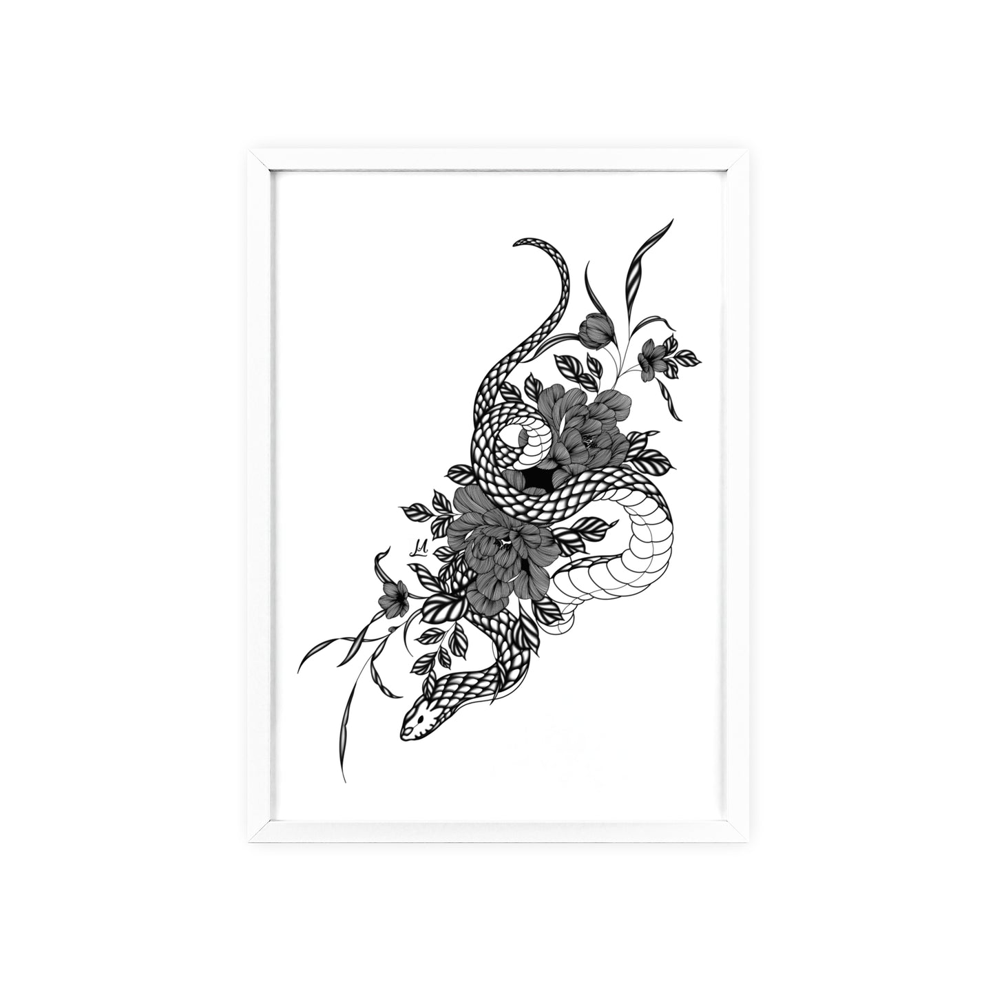Botanical serpent wall art, in a black and white contrast shading - Framed.
