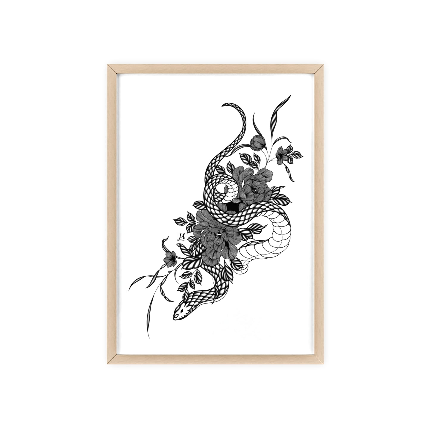 Botanical serpent wall art, in a black and white contrast shading - Framed.