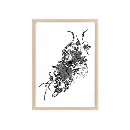 Botanical serpent wall art, in a black and white contrast shading - Framed.