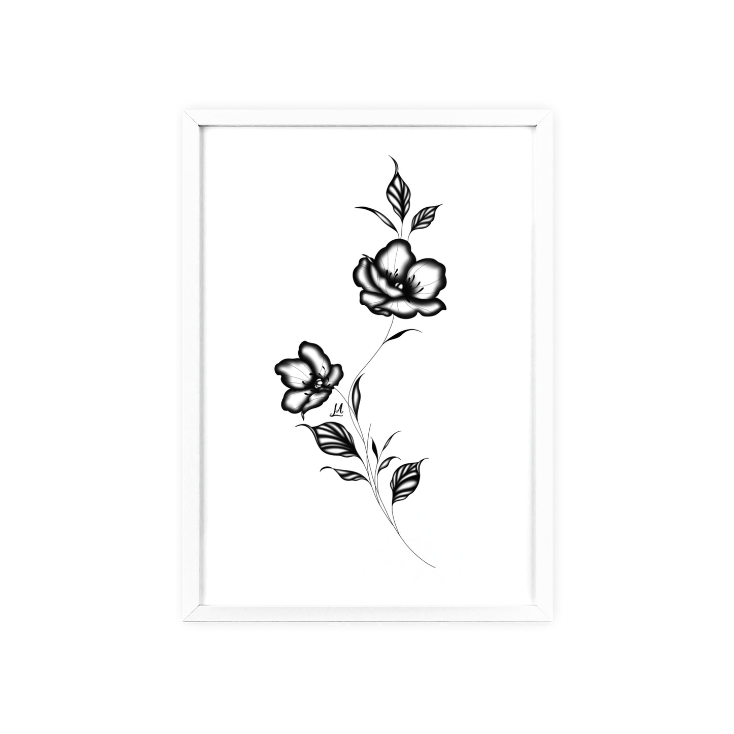 Black and white elegant flower artwork - Framed.